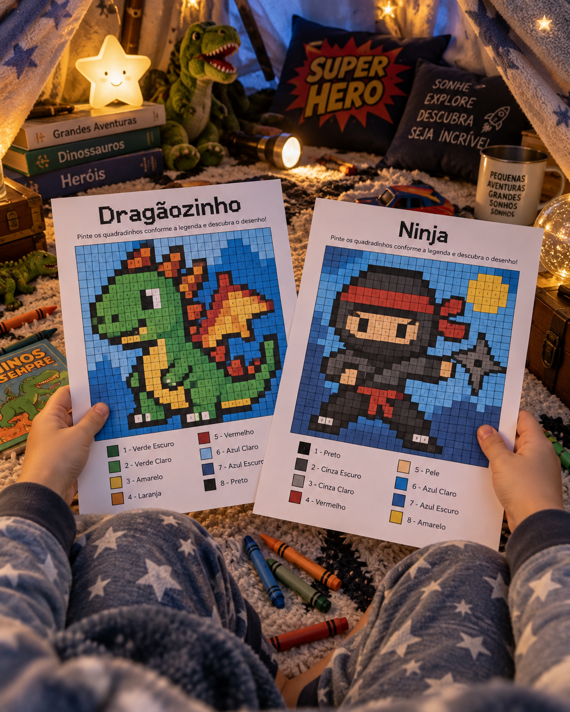 Criança imprimindo e pintando pixel arts do Dragãozinho e do Ninja