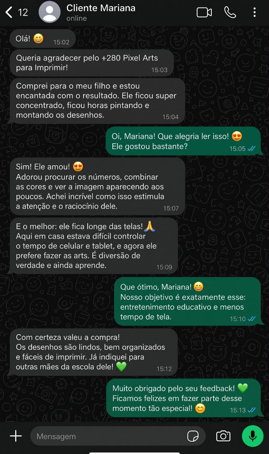 Print de conversa no WhatsApp com a cliente Mariana, elogiando o Laboratório dos Pais Pixel Arts